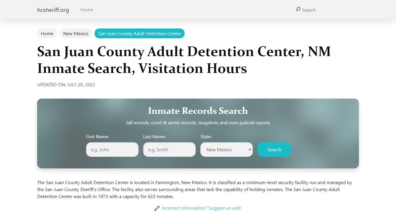 San Juan County Adult Detention Center, NM Inmate Search, Visitation Hours